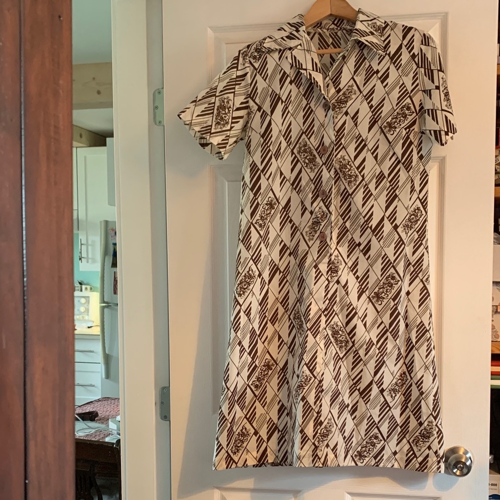 Vintage Japanese Brown Geometric Midi Dress
